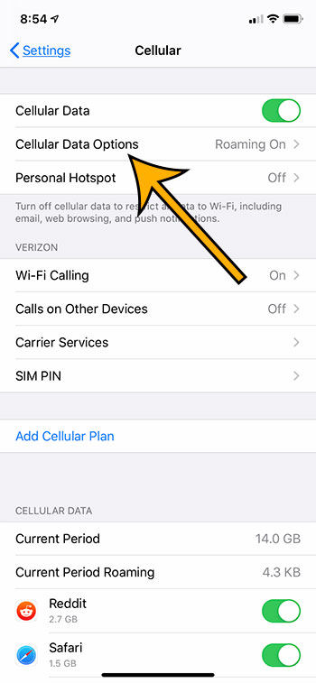 open the Cellular Data Options menu